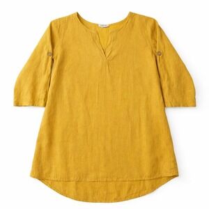 Puro Lino Linen Tunic – L Mustard Yellow Roll-Tab Sleeve READ